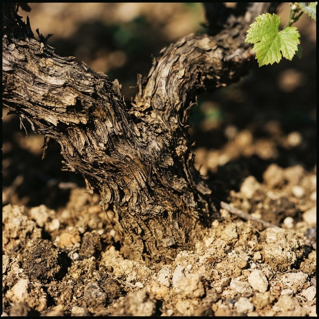 An old, gnarled vine trunk rising from pale stony soil