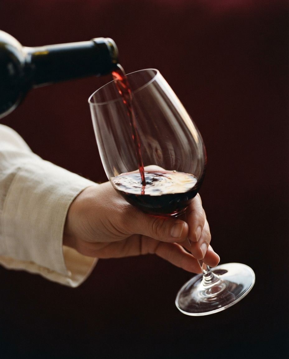 Red wine being poured from a bottle into a large glass
